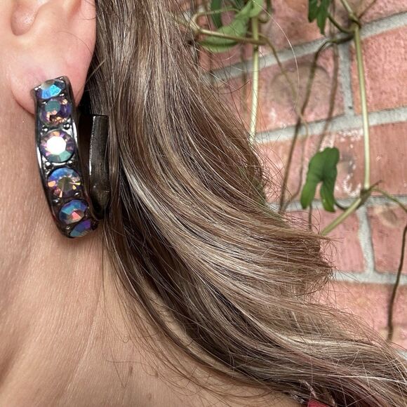 YSL Vintage Aurora Borealis Curved Hoop Earrings Crystal Rhinestone Signed 80s - Picture 7 of 16